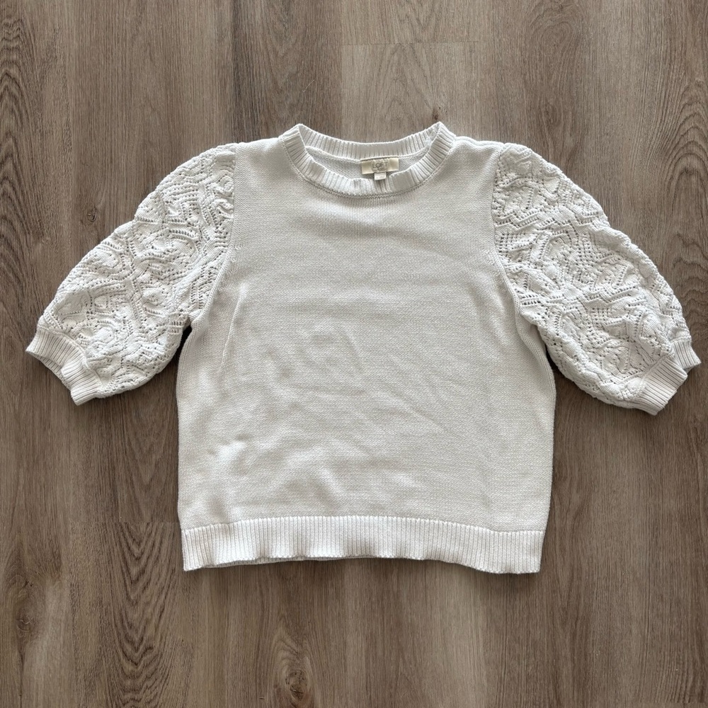 Loft white short crochet puff sleeve sweater - 100% cotton